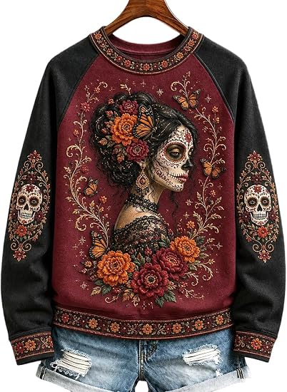 Sugar Skull Sweatshirt for Men Women, Day Of The Dead Crewneck Pullover 1