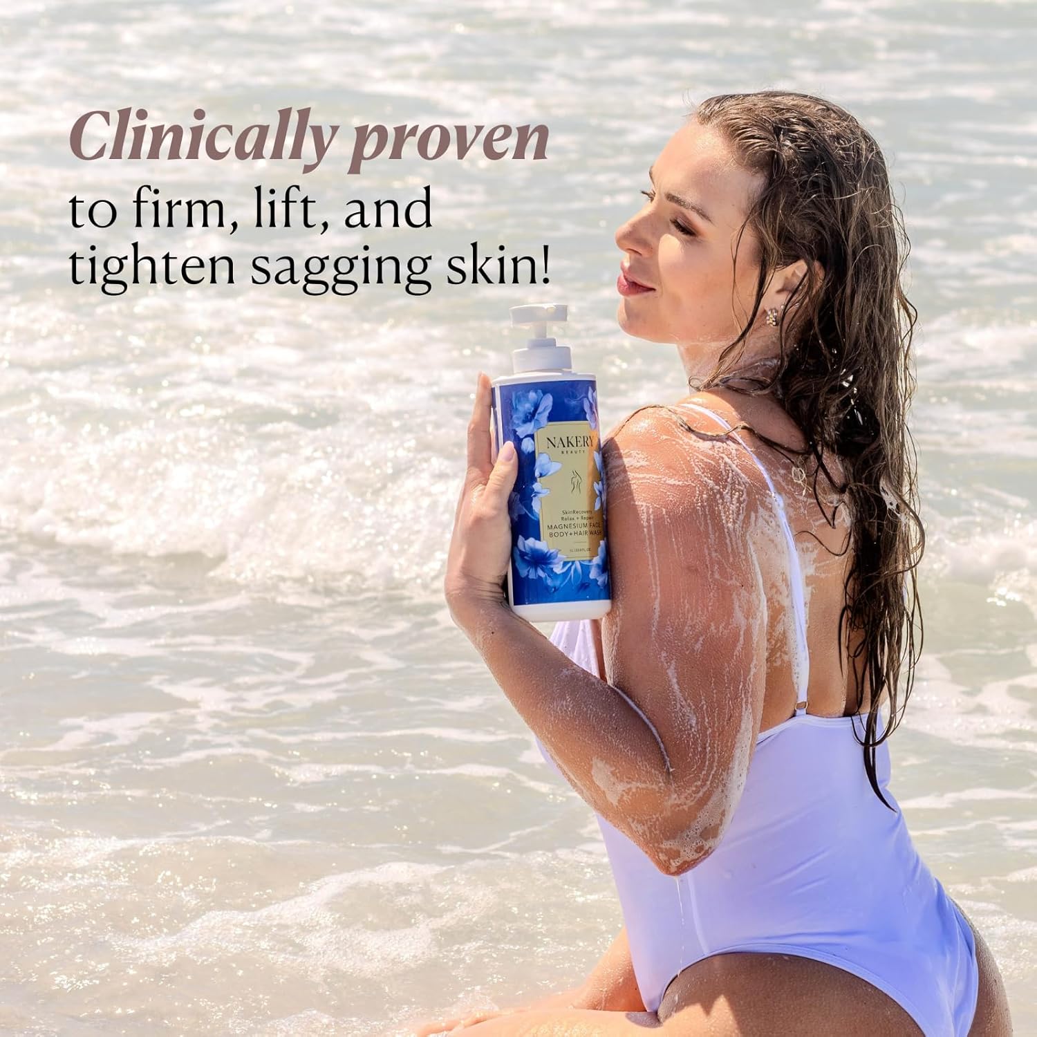 Nakery SkinRecovery Relax + Repair Magnesium Body Wash, Face Wash and Facial Cleanser with Dead Sea Salt, Epsom Salt, Magnesium Gel, Serum Infused Formula, Hydrates and Soothes, 1 Liter, Made in USA