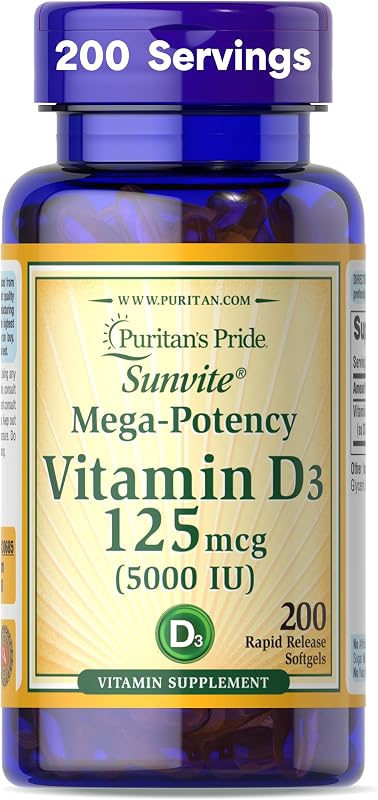 Puritan's Pride Premium Sunvite™ Mega-Potency Vitamin D3 5,000 IU | Dietary Supplement for Healthy Bones, Teeth, and Immune System Support, 200 Rapid Release Softgels (Packaging May Vary)