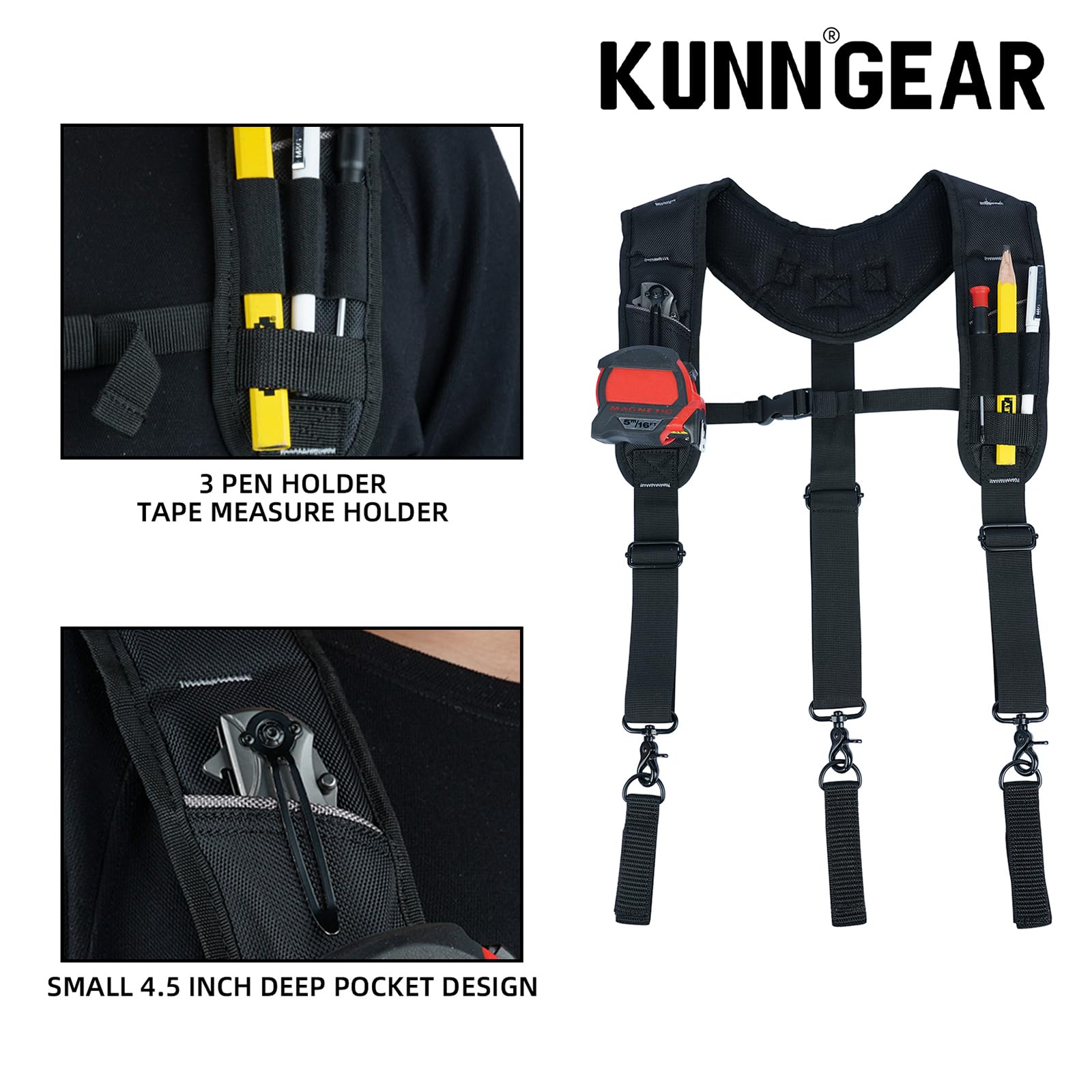 KUNN Tirantes de cinturón de herramientas, resistente, 3 puntos, bolsa de trabajo de construcción, tirantes acolchados, Negro -, talla única