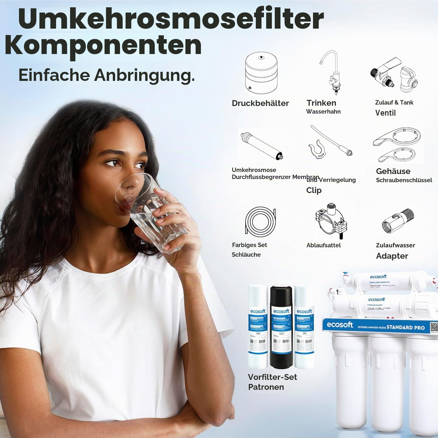 Ecosoft Umkehrosmoseanlage Standard PRO | 5 Stufen Untertisch Wasserfilter, 8 Liter pro Stunde, ohne Pumpe, mit Osmosehahn