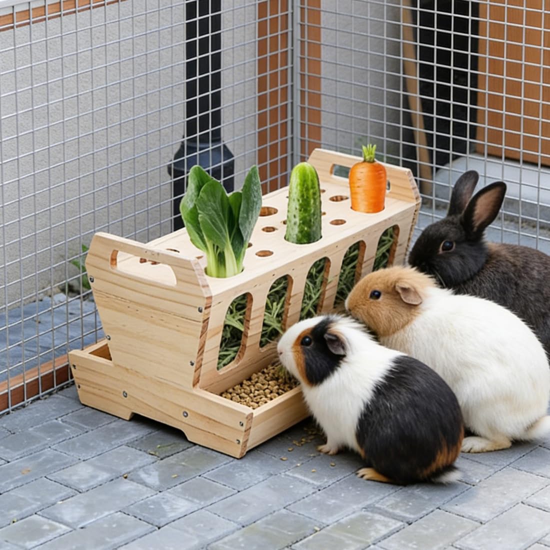 RANJIMA Hölzern Heuraufe für Kaninchen, Futterraufe mit Karottenhalter Heu Futterspender für Käfig Heuraufe Futternapf für Kaninchen Hasen Hamster, 30×20.5×18cm
