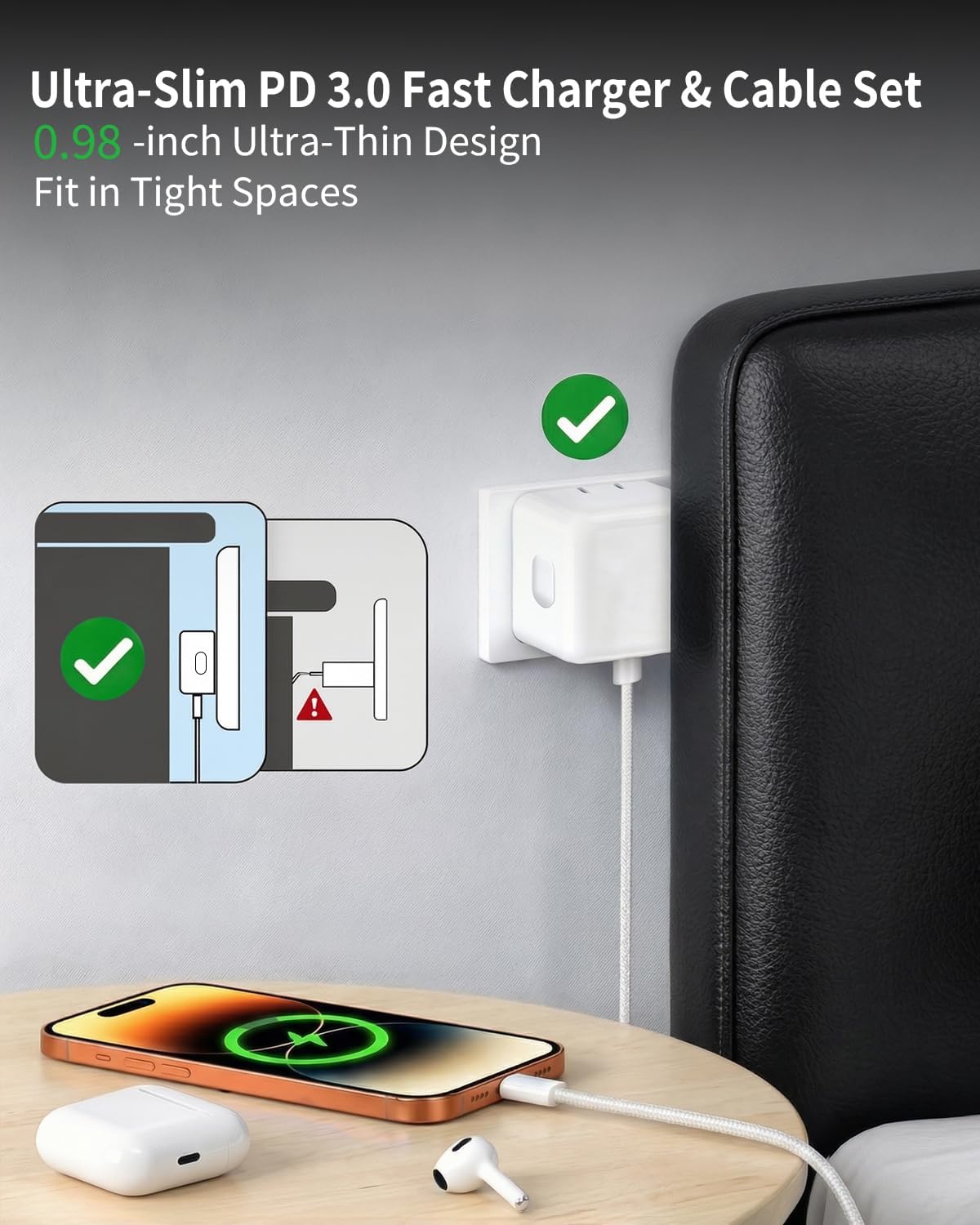 40W-60W Dynamic USB C Wall Charger for Apple iPhone 17 16 15 Pro Max, Foldable Fast Power Adapter Compatible with MacBook Air, iPad, Samsung S25, with 5FT Braided USB-C Cable, Withe