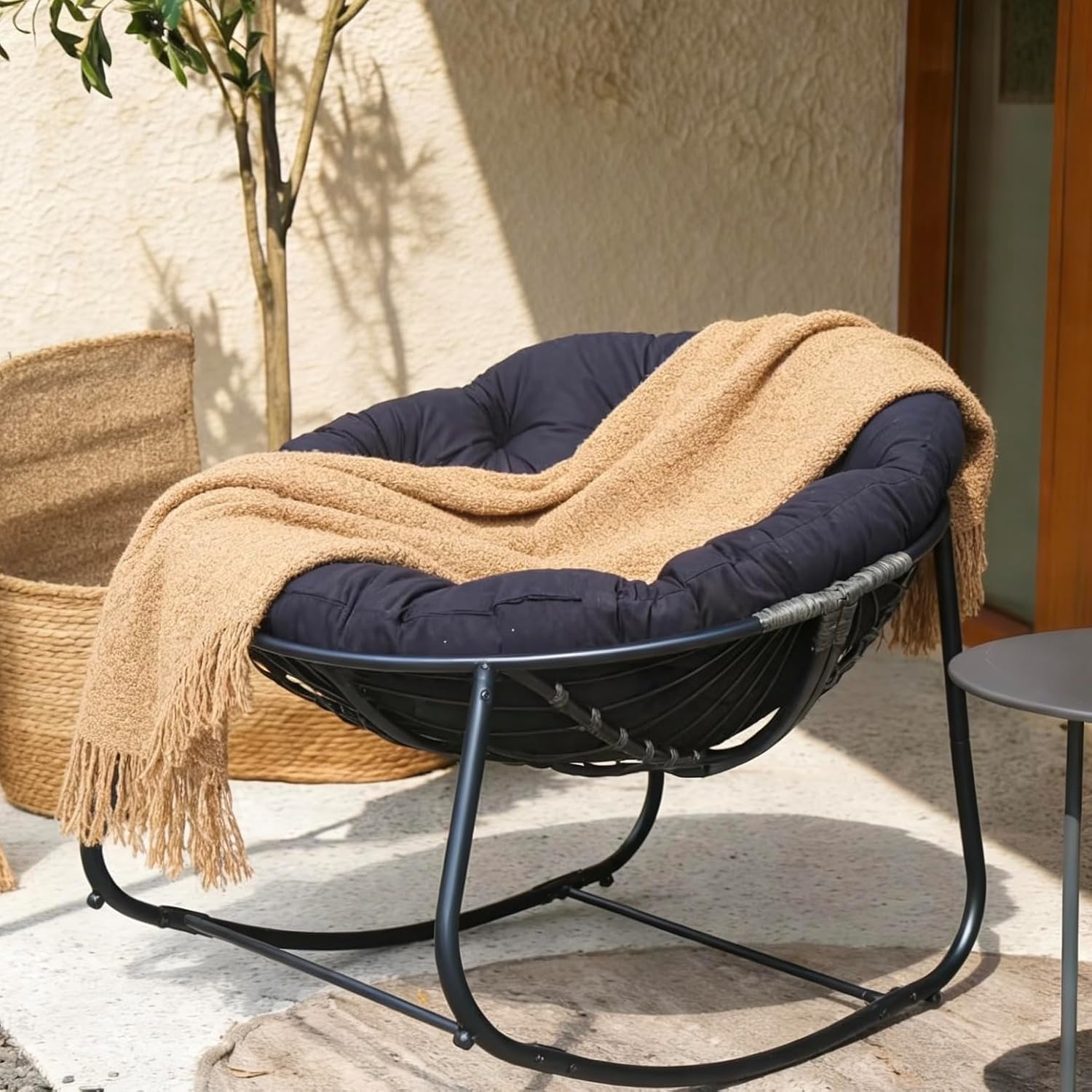 Rocking Chair Round Outdoor Oversized Rocking Egg Chair Duty PE Wicker, Outdoor Rocking Chair Suitable，Thick Padded Round Cushion Lounge Chair for Patio Porch Backyard Balcony (Black)