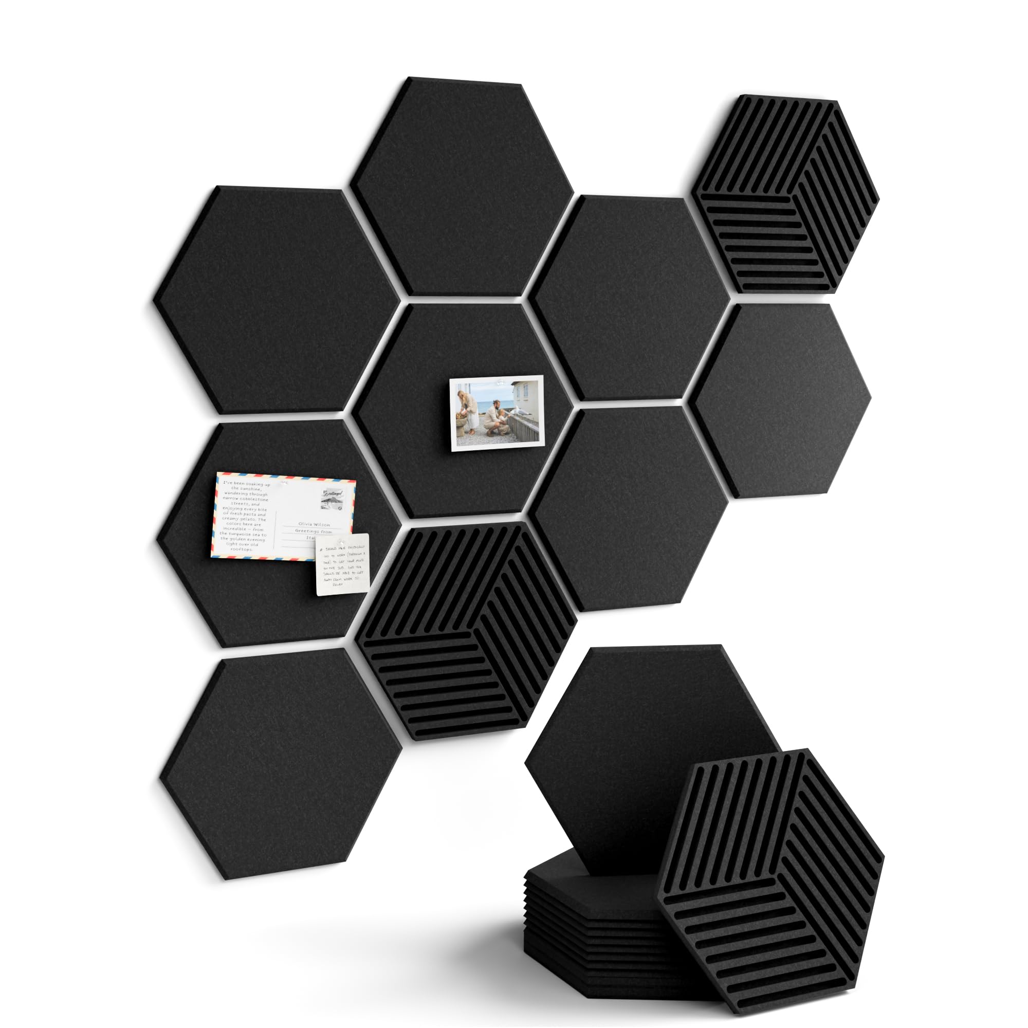 Fluxynara Hexagon Cork Boards Alternative for Walls Decor-10-Pack Felt Bulletin Board Tiles,with 50 Adhesive Tabs,Cork Boards for Office & Home Pin Board Felt Board-Black