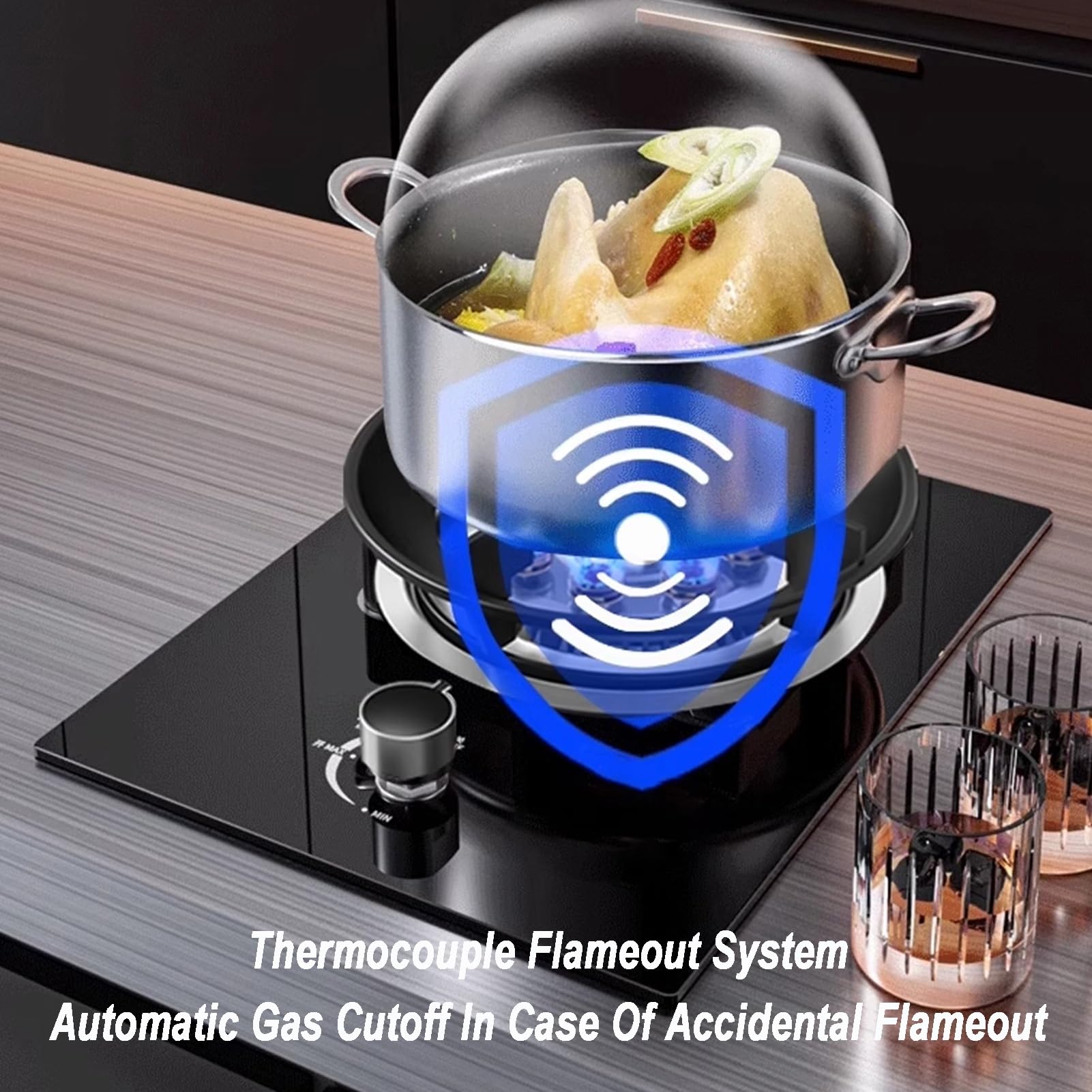 1 Cuisinière À Gaz, Cuisinière De Conversion Gaz Naturel/gaz Liquéfié 5,2 KW,brûleur En Cuivre Moulé En Verre Trempé, Cuisinière À Gaz De Bureau/intégrée Avec Protection Contre Extinction Et Minuterie