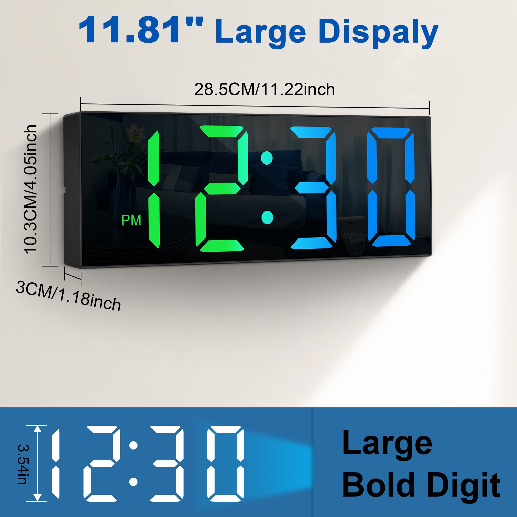 Sukeen Horloge Murale numérique avec veilleuse, Grande Horloge Murale numérique de 30 cm avec télécommande/Grand écran/8 Couleurs/variateur réglable, Horloge Murale Noire pour Chambre, Salon, école