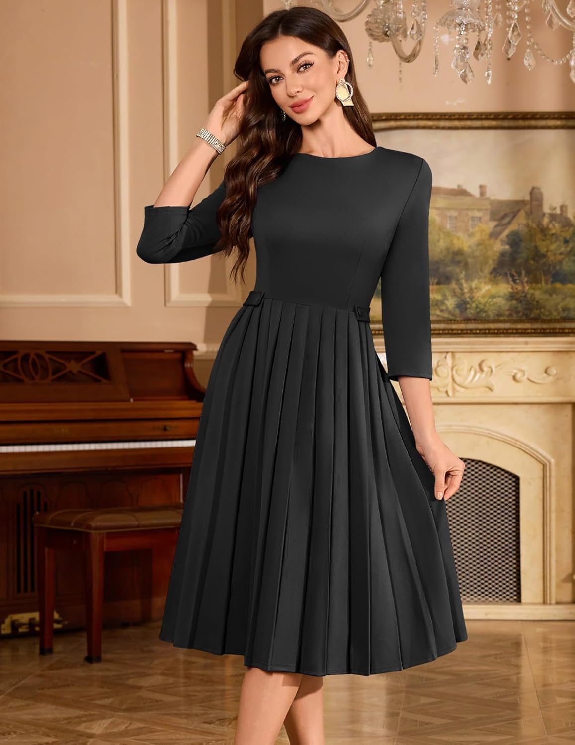 DRESSTELLS Women's Cocktail Dresses, Formal Wedding Guest Church Vintage Tea Party 3/4 Sleeve Pleated Dress - Image 4