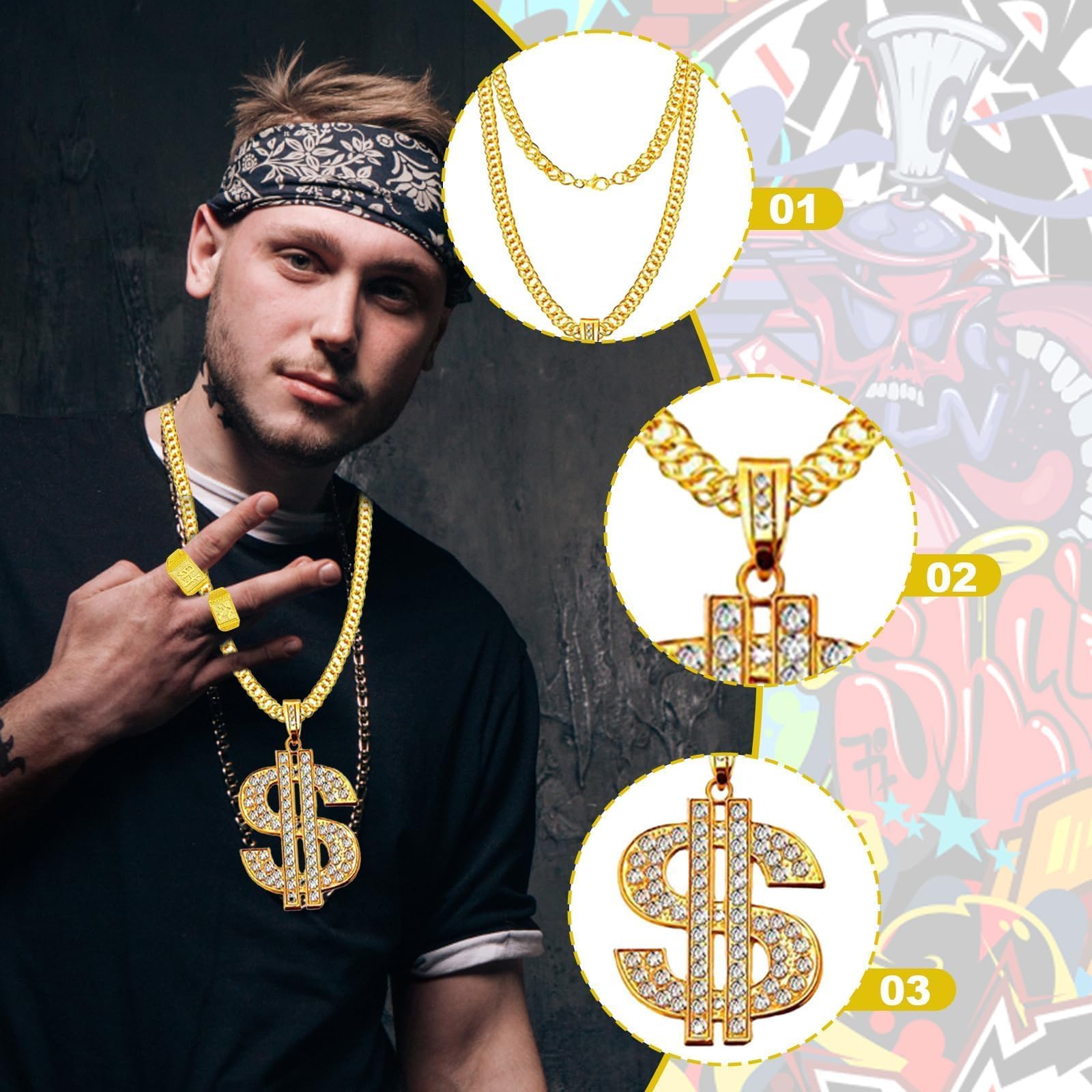 YFHUVB 8Pcs Hip Hop Party Decorations, Fake Gold Chain, Fake Gold Dollar Necklace Accessories, Hip Hop Ring, Hippie Glasses - Image 3
