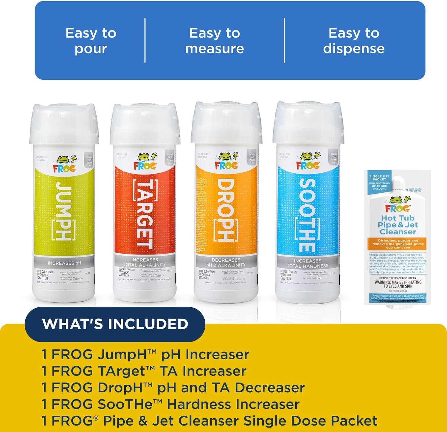 FROG Balancing Starter Kit and Pipe & Jet Cleanser for Hot Tubs - pH, Total Alkalinity and Total Hardness Balancers with TruDose Measuring Caps - Single Dose Purge Cleaner Packet