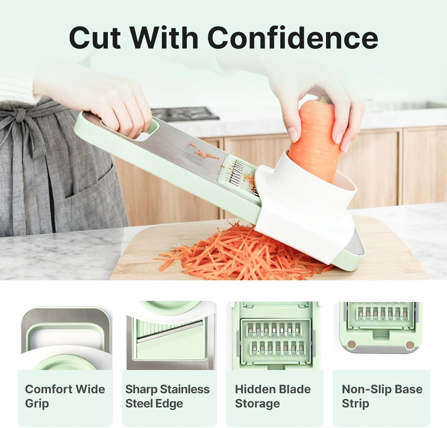 ZKIRON Stainless Steel Mandoline Slicer for Kitchen, 6-in-1 Vegetable Slicer with 360° Full-Cover Safety Guard, Adjustable Food Cutter for Potato, Carrot & Salad Prep, Space-Saving Design (Mint Green)