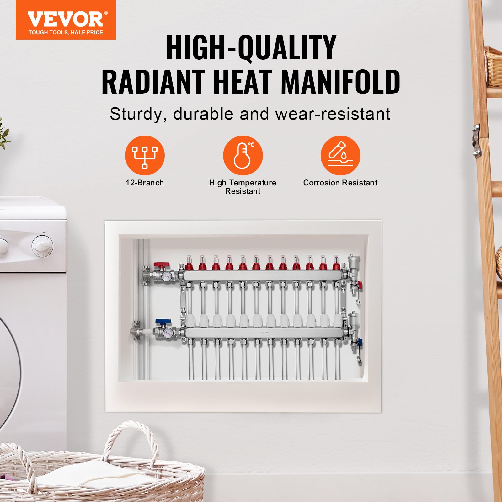 VEVOR Colector de Calor Radiante de 12 Derivaciones, Colector de Tubería PEX de Acero Inoxidable SUS304 para Calefacción por Suelo Radiante Hidrónico, con Adaptadores, 780 x 370 x 110 mm, 0-5 L/min