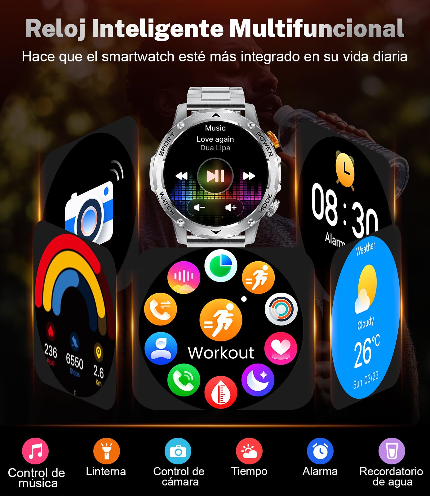 LIGE Reloj Inteligente Hombre 1000mAh/Linterna LED, 1.75" HD, Plata