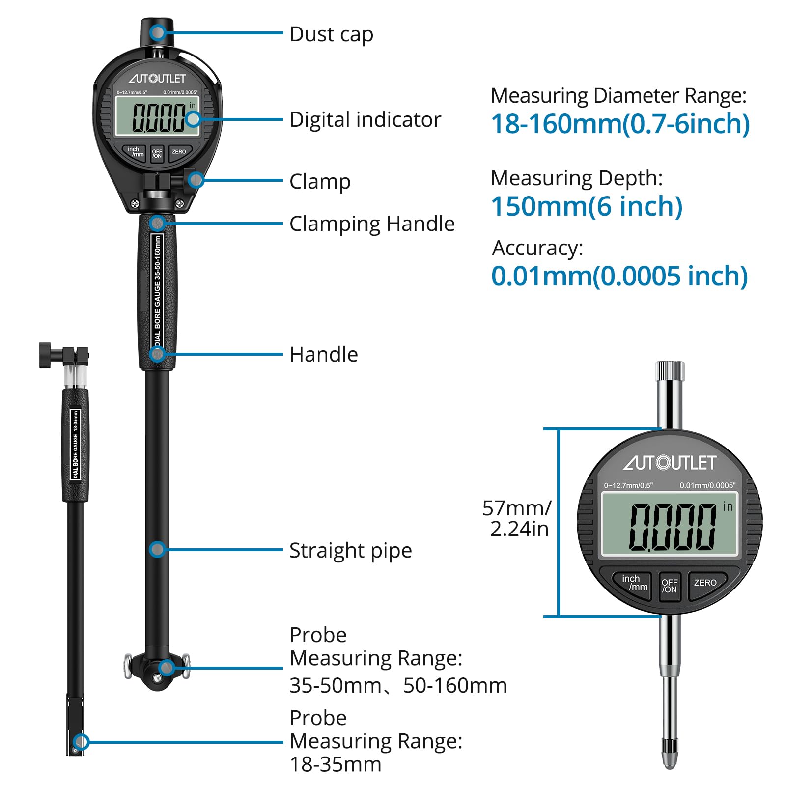 AUTOUTLET Calibrador de Diámetro Interior Digital, Calibrador de Orificios 0.01mm Precisión, Herramienta de Medición Interna de Cilindros con Cabezales Intercambiables y Estuche ABS (18-160mm)