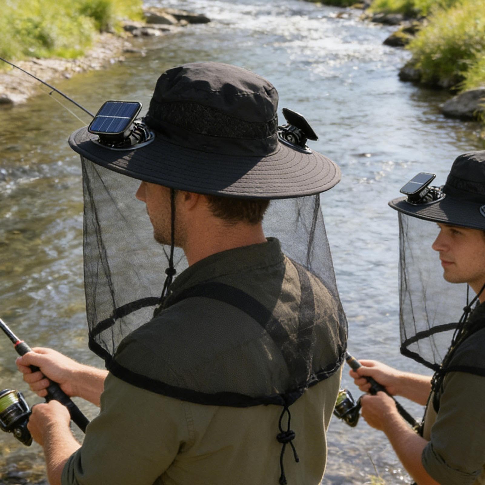 Cappello a ventaglio a tesa larga ad energia solare - Cappello da pescatore UPF50+ con zanzariera | Cappello a secchiello impermeabile traspirante, per sport all'aria aperta, uomini, donne