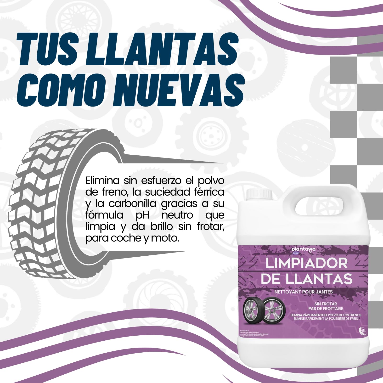Plantawa Limpia Llantas Coche 5 Litros, Cuidado del automóvil, Profesional para Autos, Sin frotar, Limpieza y Descontaminante Suciedad para llantas, Productos Limpieza Coche y Moto.