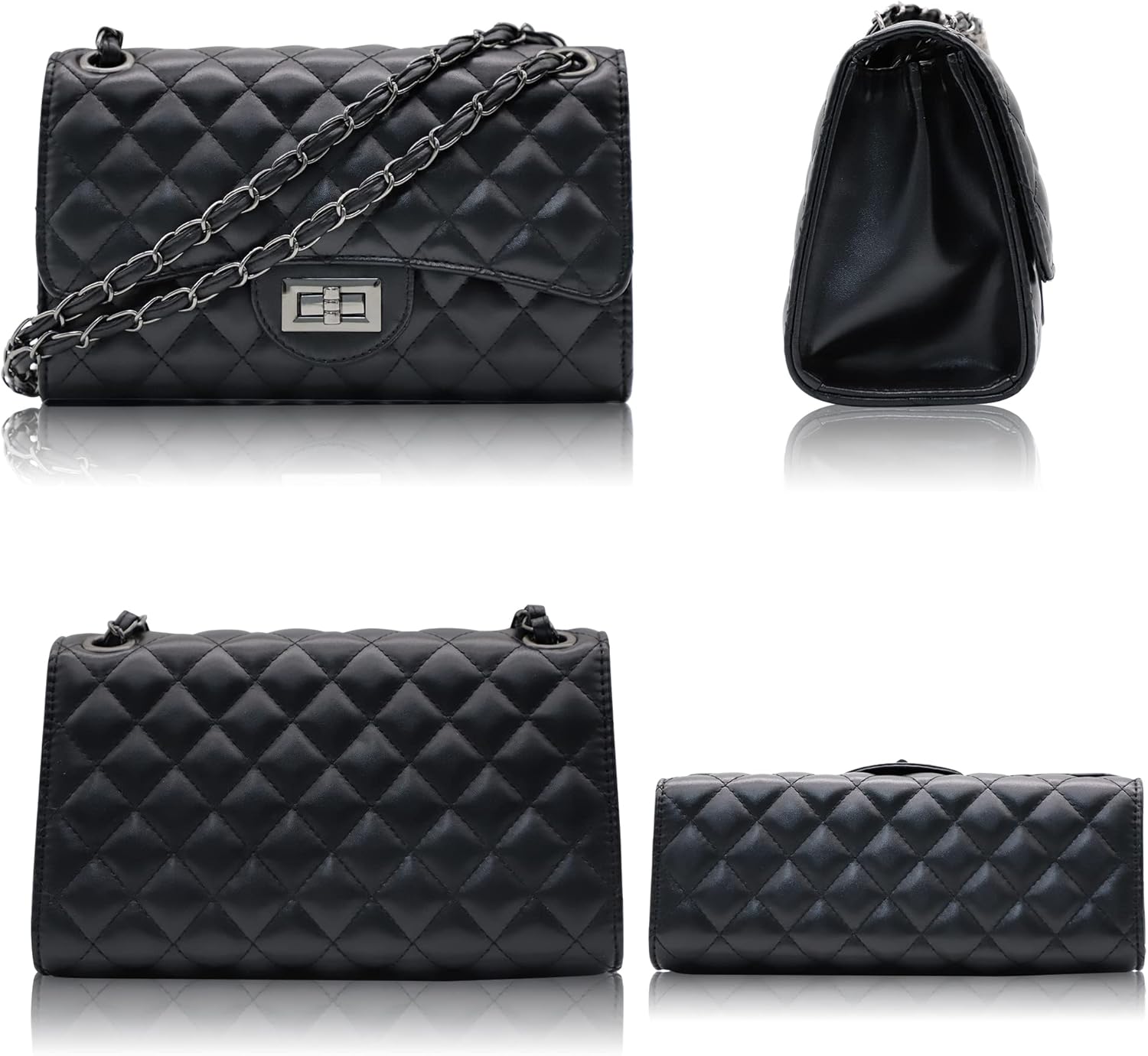 Quilted Purse with Chain Strap Black Crossbody Bags for Women Faux Leather Shoulder Bag Clutch Purses - Image 2