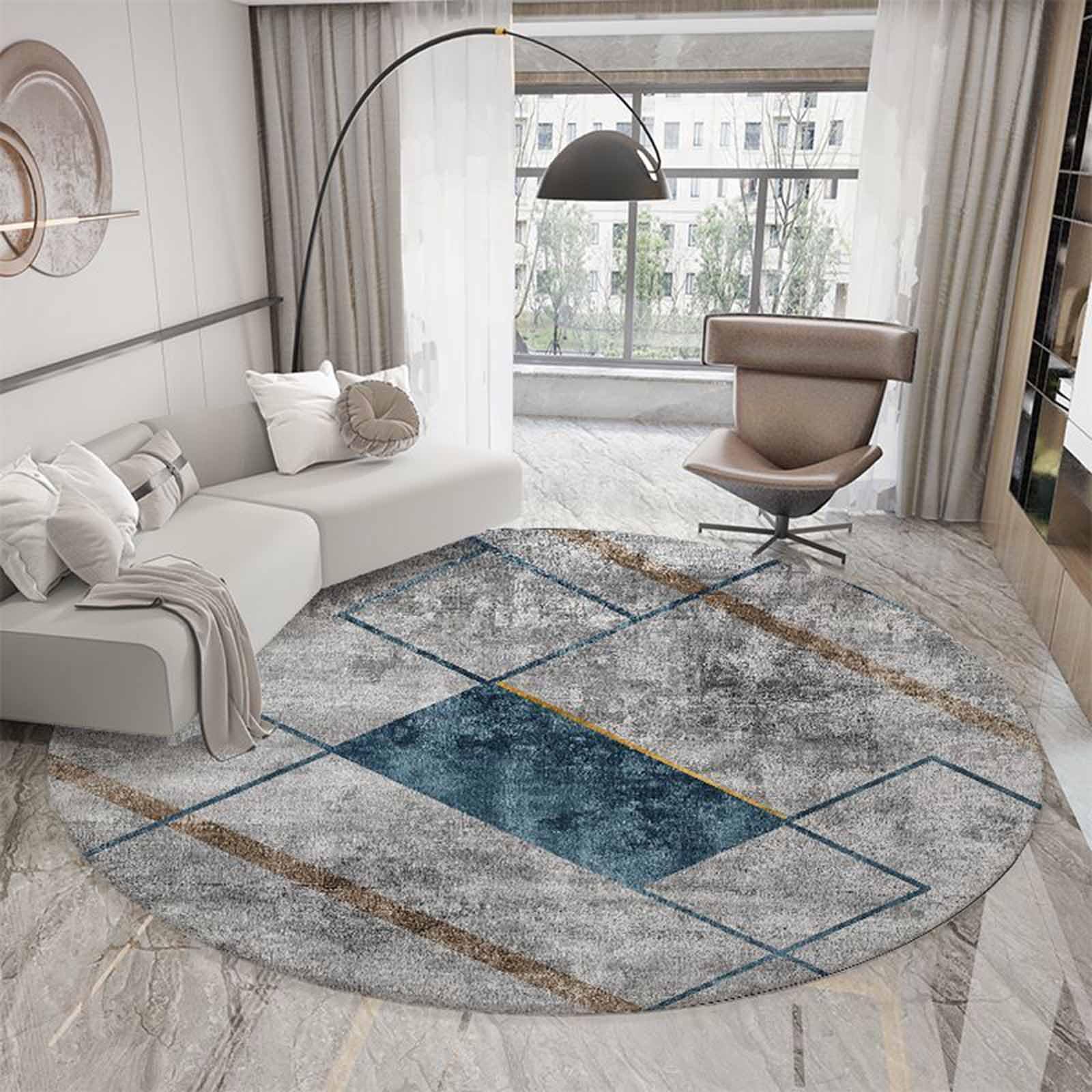 Tapis de couloir rond gris bleu doux et sécurisé pour salon