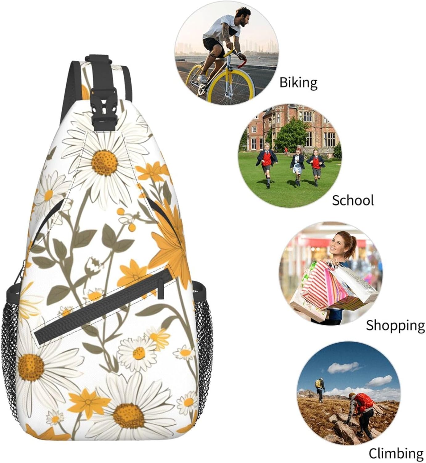 Yellow White Daisy Flower Crossbody Sling Bag for Men Women Sling Backpack Shoulder Bag Casual Hiking Daypack Chest Bag for Travel Outdoor Sports