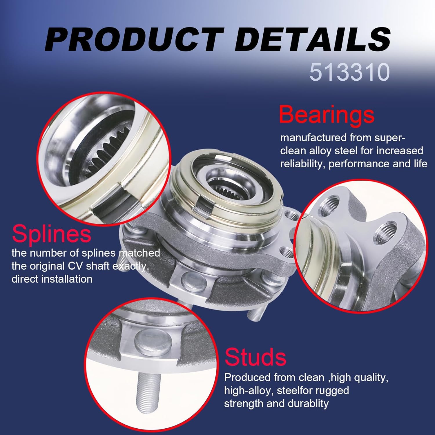 513310 Front Wheel Bearing and Hub Assembly Compatible with 2003-2007 Nissan Murano, 2004-2009 Nissan Quest Wheel Hub Bearing Assembly