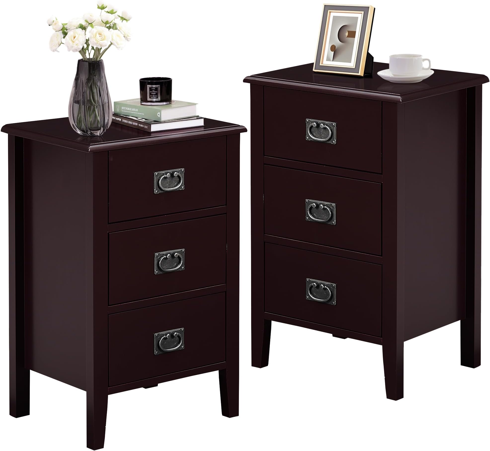 VECELO Nightstands Set of 2 End/Side Tables for Living Room Bedroom Bedside, Vintage Accent Furniture Small Space, Solid Wood Legs, Three Drawers, Black Walnut