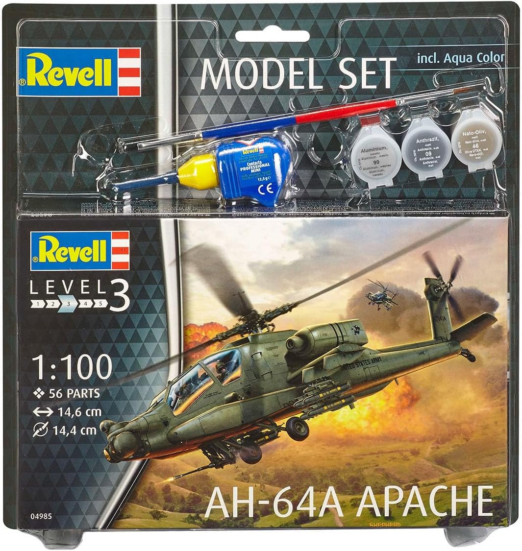 Revell Model Set 64985 AH-64A Apache 1:100 Scale Unbuilt/Unpainted Plastic Model Kit with Contacta Professional Glue, Paintbrush & Selected Aqua Color Paints