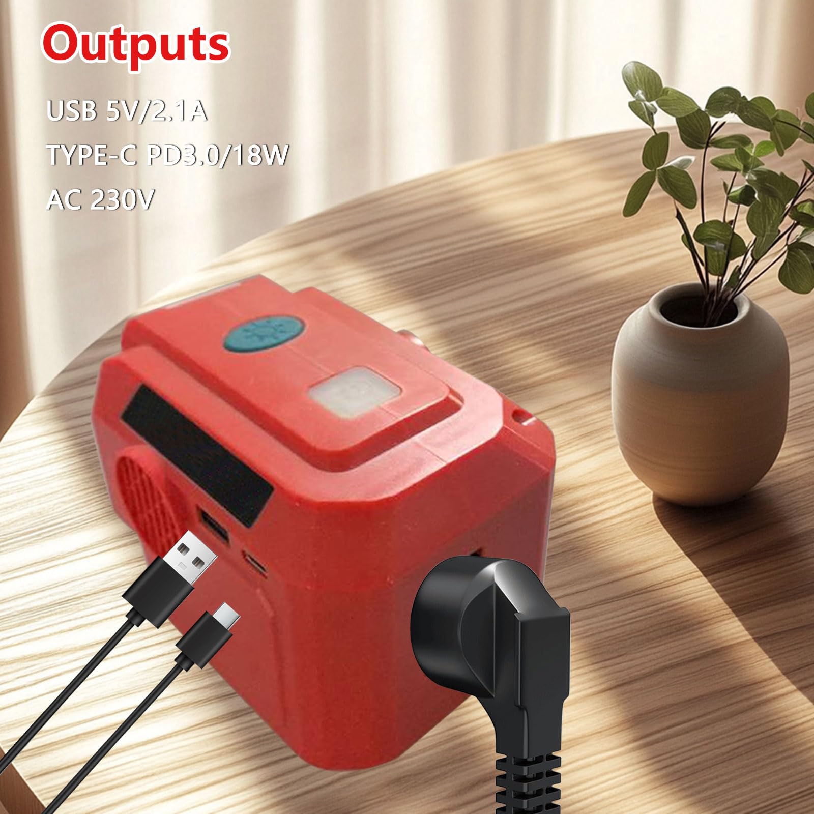 Onduleur de batterie 200 W compatible avec Einhell 18 V, DC 18 V vers AC 220-230 V avec lumière LED 200 lm, convertisseur de tension avec port USB-A, port USB-C, prise pour pique-nique et camping en