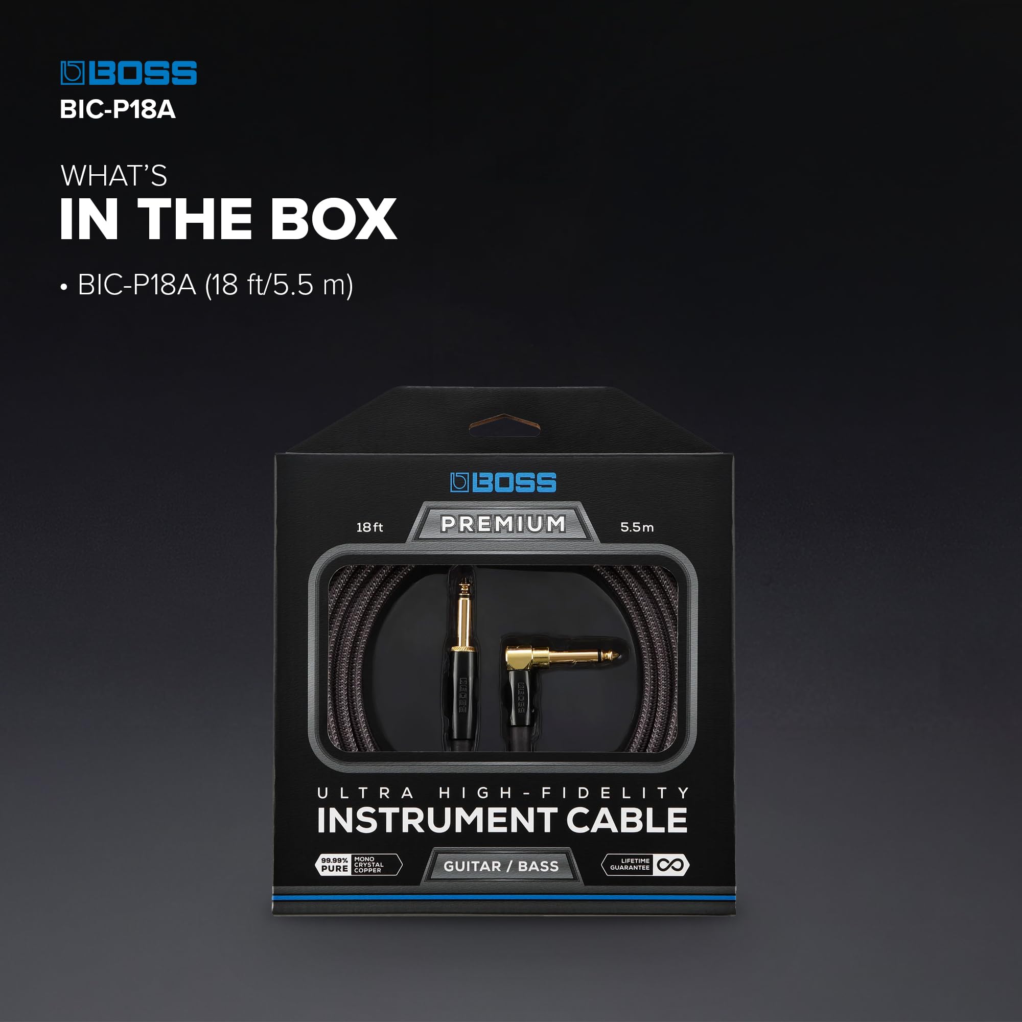 Kabel instrumentowy GAMME BIC-P18A Ultra High Fidelity - 18 stóp/5,5 m - 24-karatowe pozłacane 24-karatowym złotem proste złącza jack - do gitary i basu dla wysokiej jakości dźwięku