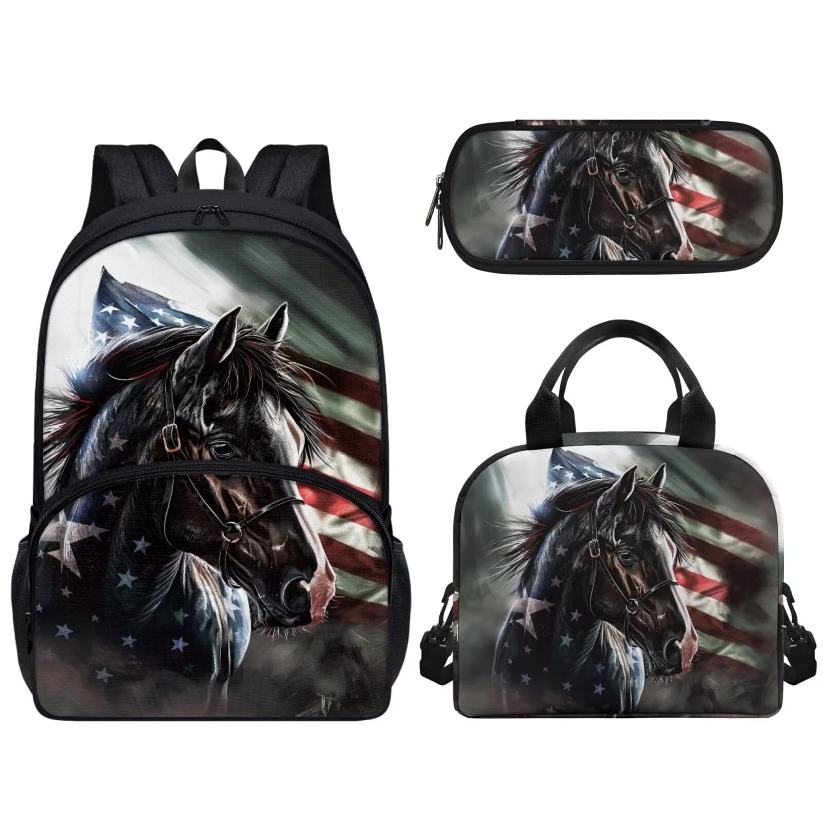 Wideasale American Flag Horse Backpack Set for Kids Teen Elementary Middle School Book Bag Set Insulated Lunch Tote Bag Pencil Case School Bag 3 In 1