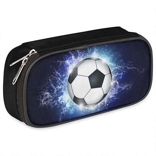 Estuche de cuero para lápices de fútbol, soporte para bolígrafos, temática deportiva, color azul, gran capacidad, organizador de papelería, bolsa