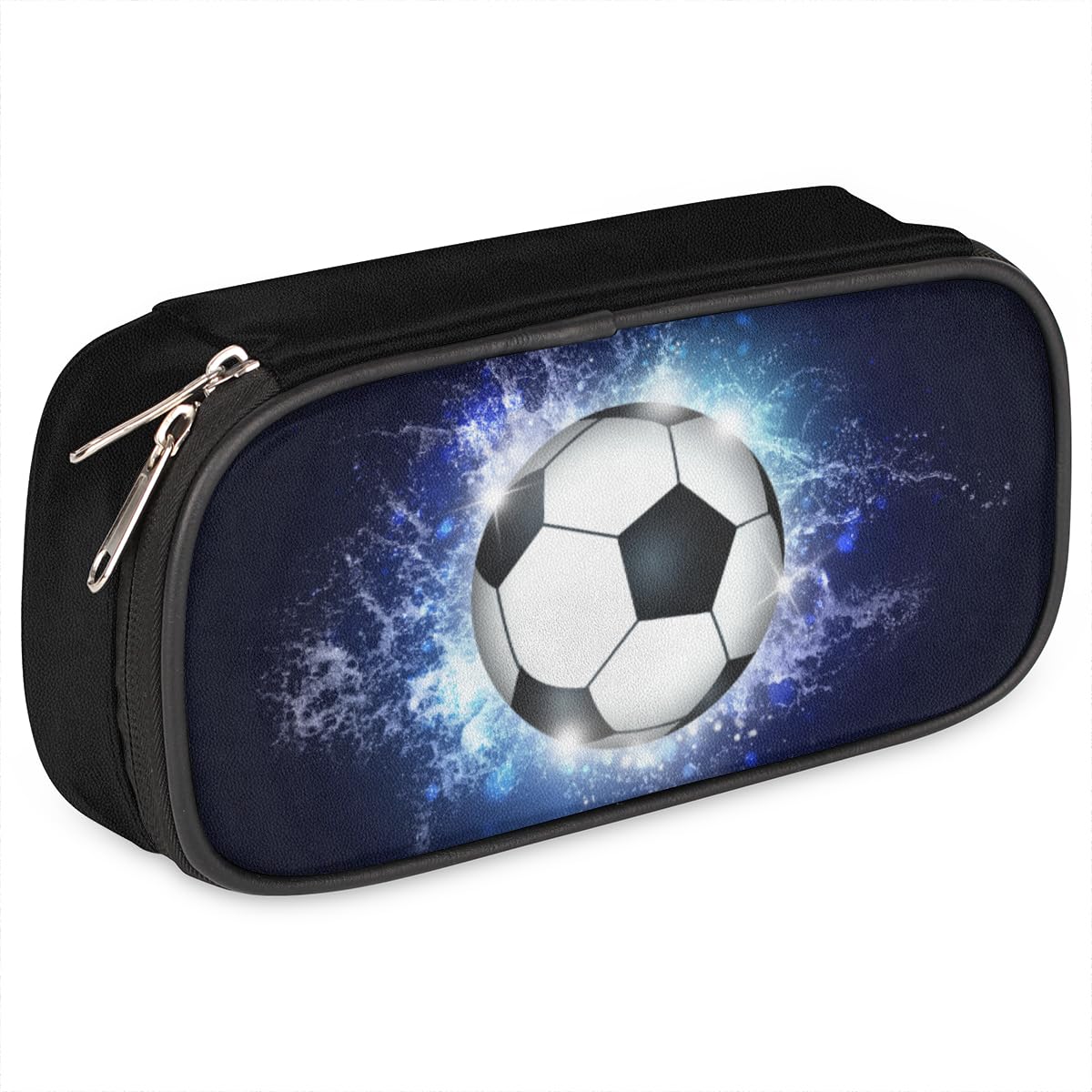 Estuche para lápices con diseño de pelota de fútbol, color azul, con temática deportiva, gran capacidad, organizador de papelería negro, bolsa de lápices con cremallera para niños y niñas, bolsa de