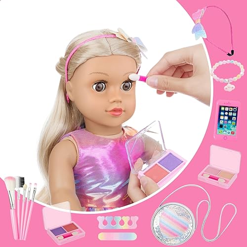 Vista 6 de ZITA ELEMENT Muñeca americana de 18 pulgadas, 14 piezas, accesorios de maquillaje con vestido para muñeca de generación, juego de belleza y ropa