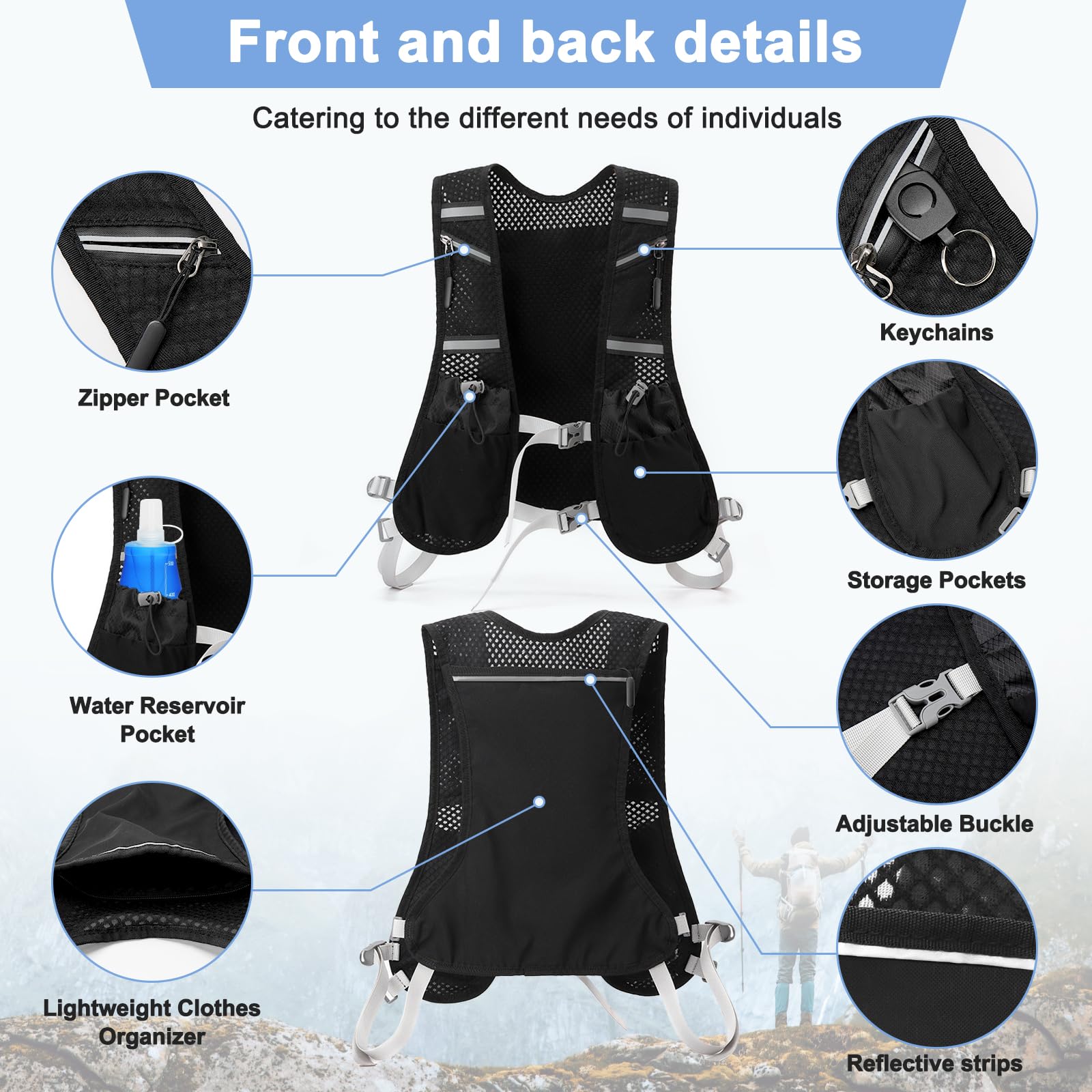 Gilet Running Super Leggero con 2 Borraccia Morbida 500ml, Zaino Trail Running per Uomo e Donna, Cinghie Pettorali Regolabili, Riflettente Traspirante per Corsa Maratona