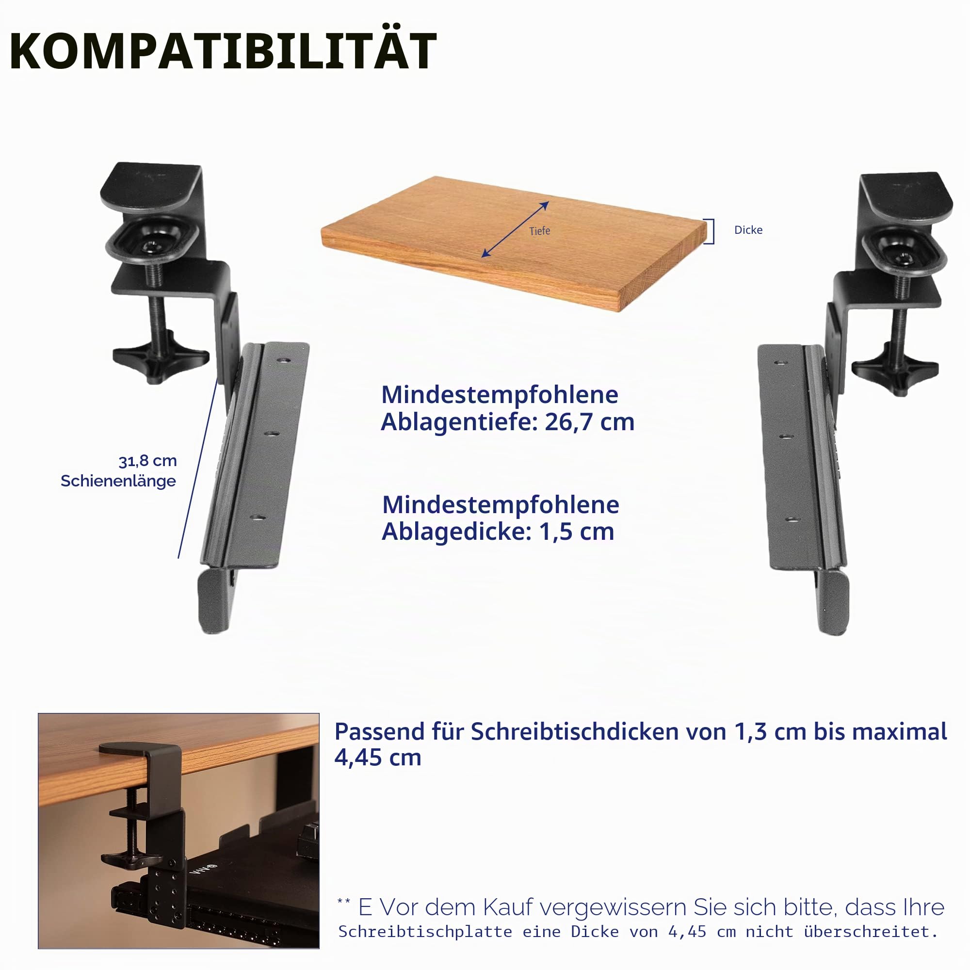 VIVO MOUNT-RAIL02H Höhenverstellbare Klemme und 30,5 cm Schienenset für DIY-Holz-Tastaturablagen (Ablage nicht enthalten), Untertisch-Auszugsschiene mit C-Klemmen-Befestigungssystem, Schwarz