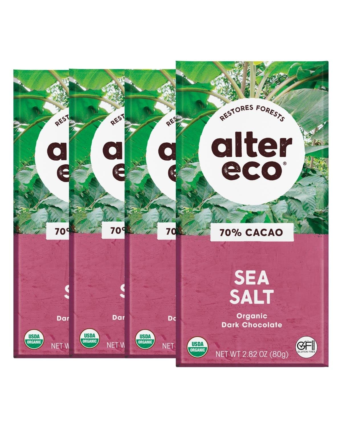 Alter Eco | Dark Chocolate Bars | Pure Dark Cocoa, Fair Trade, Organic, Non-GMO, Gluten Free (4-Pack Sea Salt)