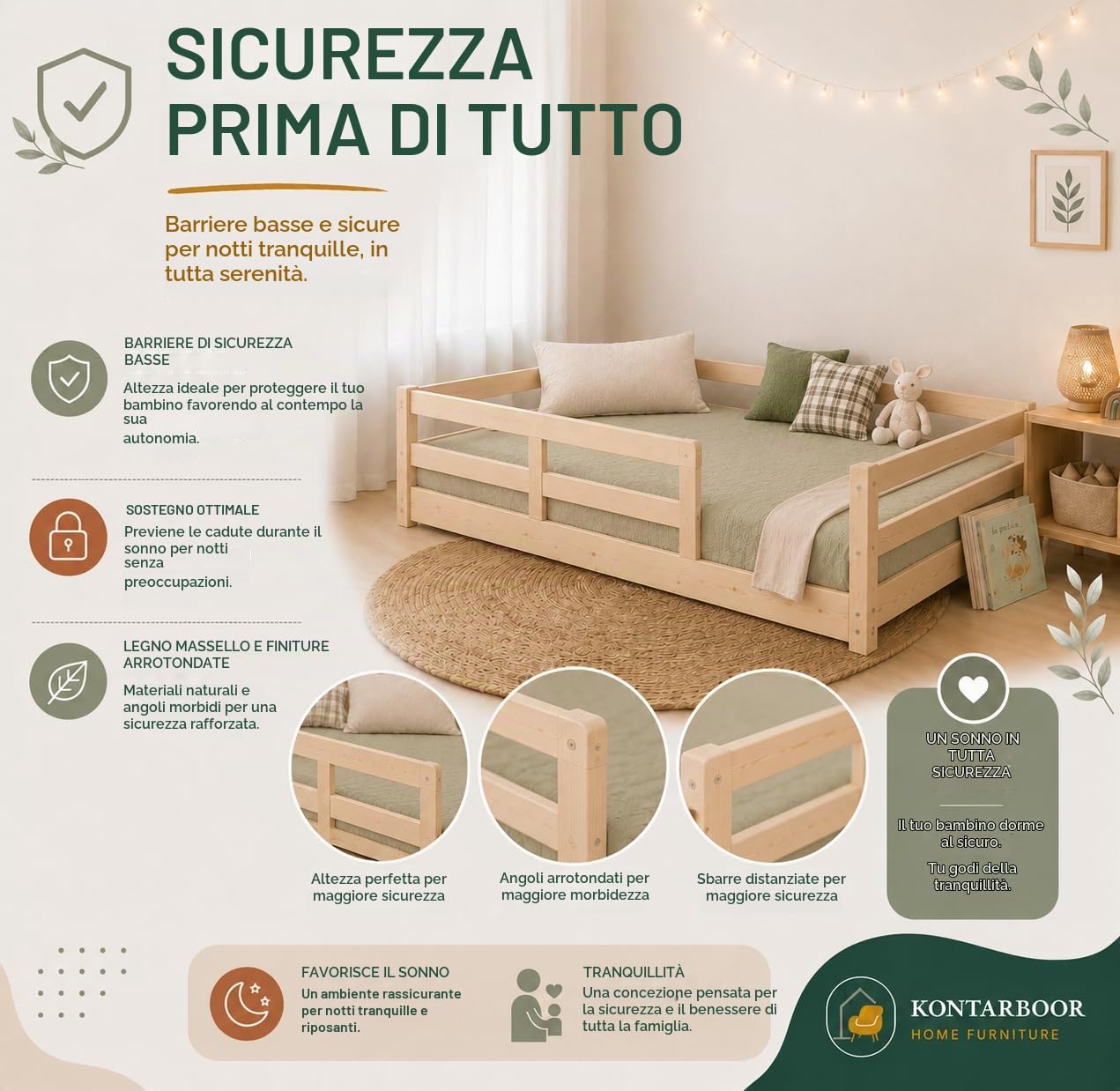 KONTARBOOR Letto per bambini 90 x 190 cm con barriere di sicurezza - Montessori - Letto a pavimento in legno massello naturale - Stile scandinavo unisex ragazza e ragazzo - Rete inclusa.