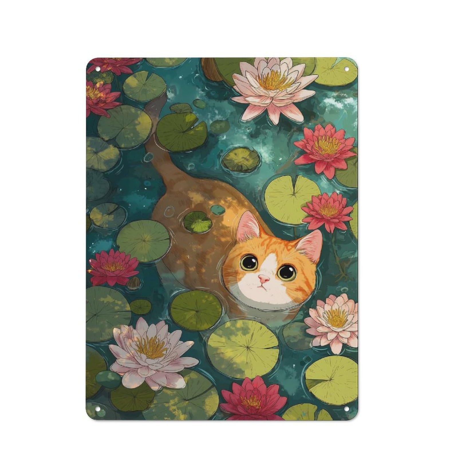 Junmoney Orange Cat Swim In Lily Pond For Man Cave Or Games Room, Retro Metal Plaque 40X30cm, For Metal Sign Collectors, For Garage And Workshop Walls