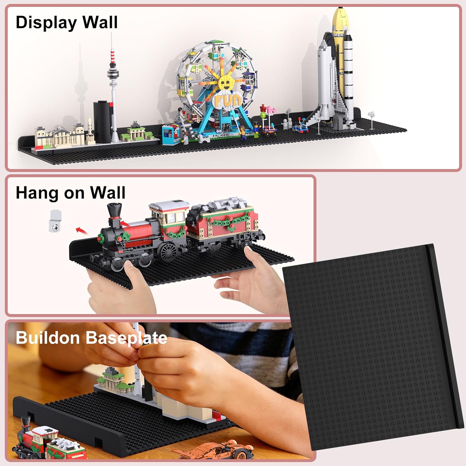 2 Pack Large Wall Display Shelves for Lego Building Bricks, 32x24 Studs | Wall Mount Baseplate for Builders Room Decor, 10x8.25 inch Dual-Sided Studs 4.8-4.9mm, Supports Up to 3.5 lbs, Black