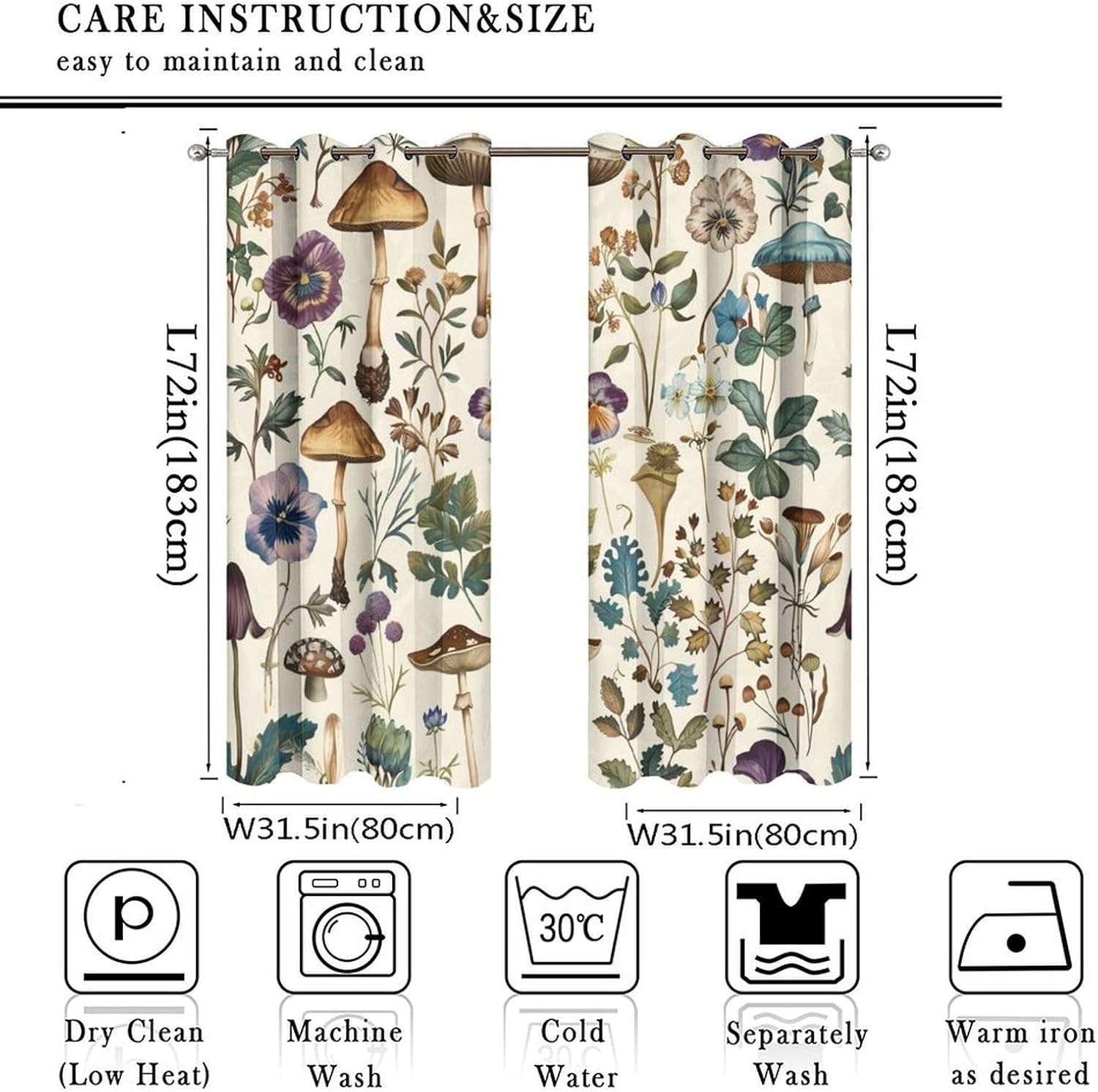 Retro Rustic Floral Curtains for Bedroom, Nature Butterfly Mushroom Plants Grommet Blackout Curtains Thermal Insulated Window Drapes for Living Room, 31.5W x 72L, 2 Panels