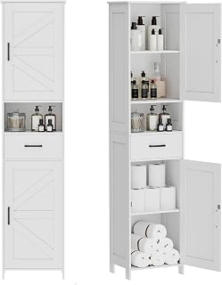 Homhedy 67" Tall Narrow Bathroom Storage Cabinet, 2 Reversible Barn Doors, Drawer, Adjustable Shelves - White Farmhouse Floor Unit for Bath, Kitchen