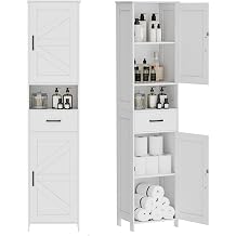 Homhedy 67" H Tall Bathroom Storage Cabinet with 2 Barn Doors and 1 Drawer, Narrow Storage Unit, Adjustable Shelves, Floor Cabinet for Bathroom, Living Room, Entryway, Kitchen, White, 15.7" W
