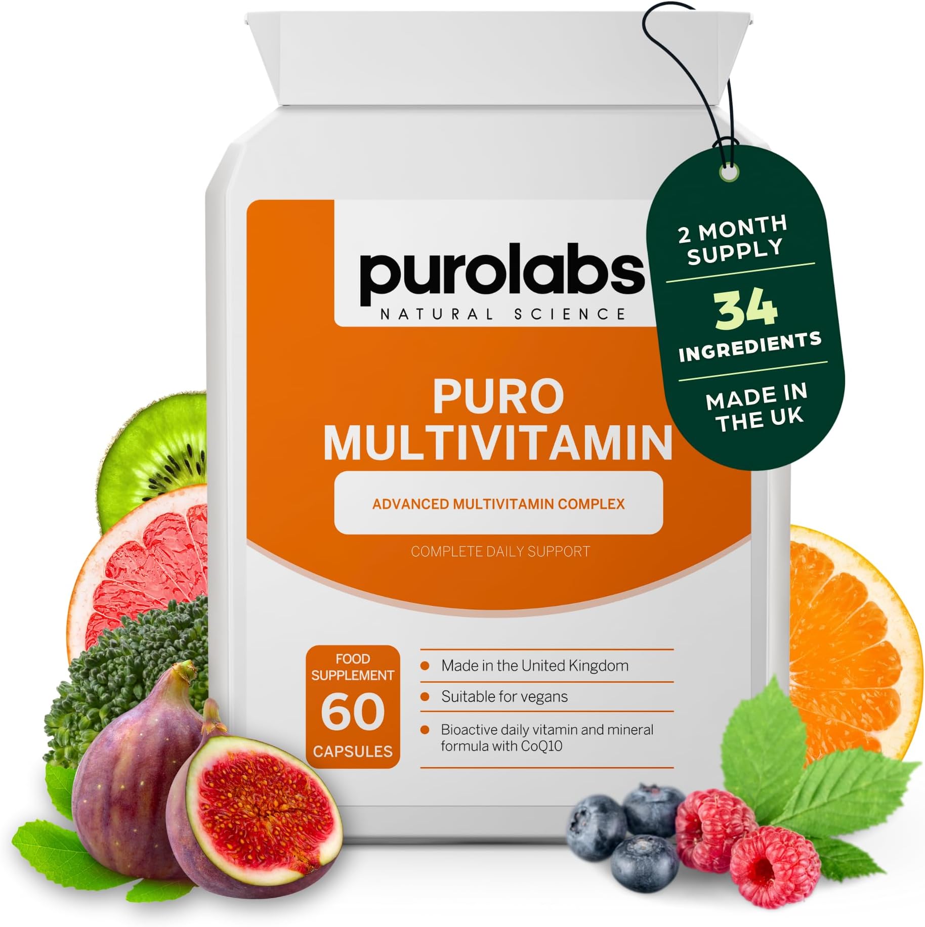 Multivitamins & Minerals Supplement - 34 Essential Nutrients - Daily Multivitamin Tablets for Men & Women - 60 Vegan Capsules - Made in The UK