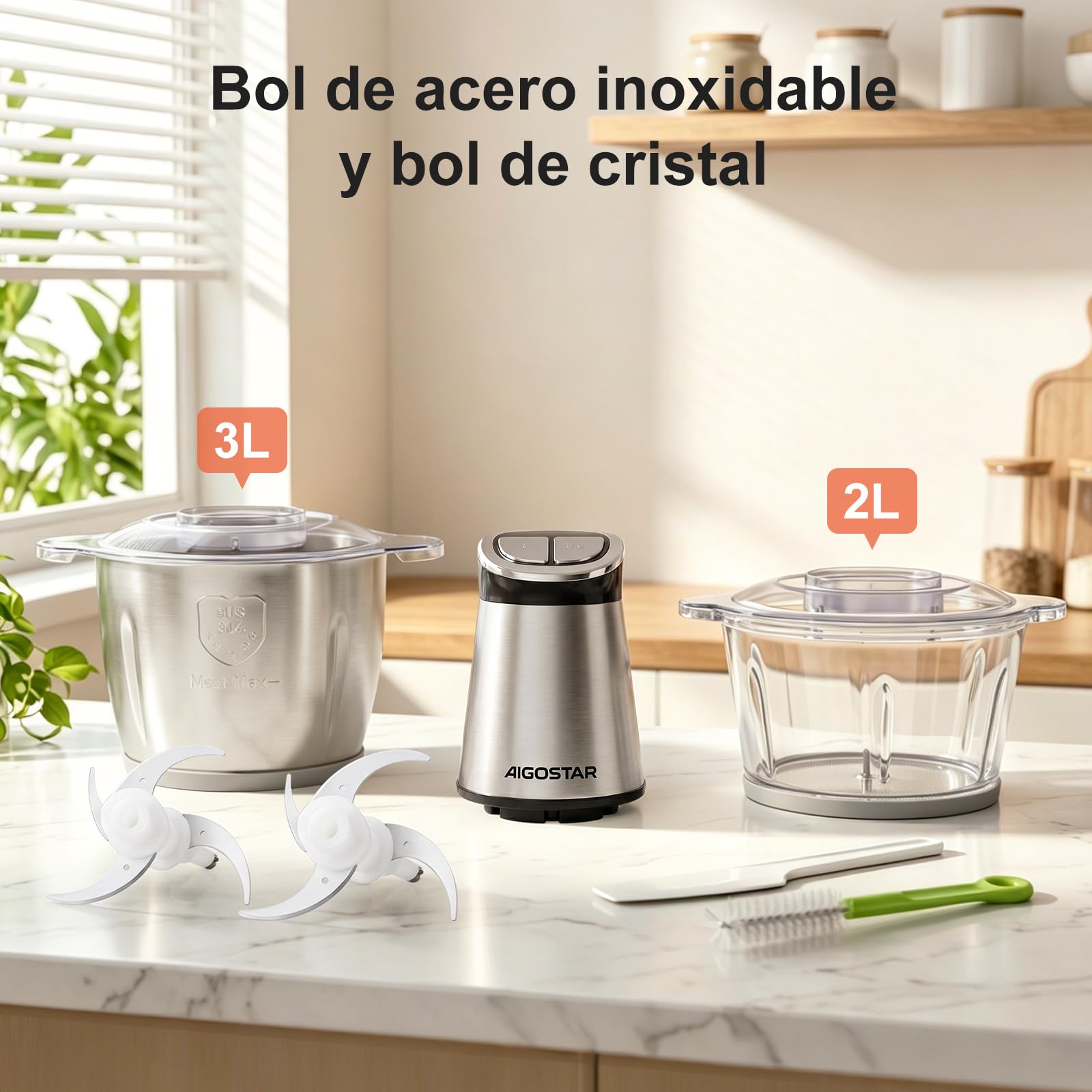Aigostar Picadora Eléctrica con temporizador LED, 2 Recipientes (3L + 2L) | Trituradora de Alimentos 400W, Sin BPA, 2x4 Cuchillas, 2 Velocidades. Pica Carne, Verduras y Papillas | BIMince