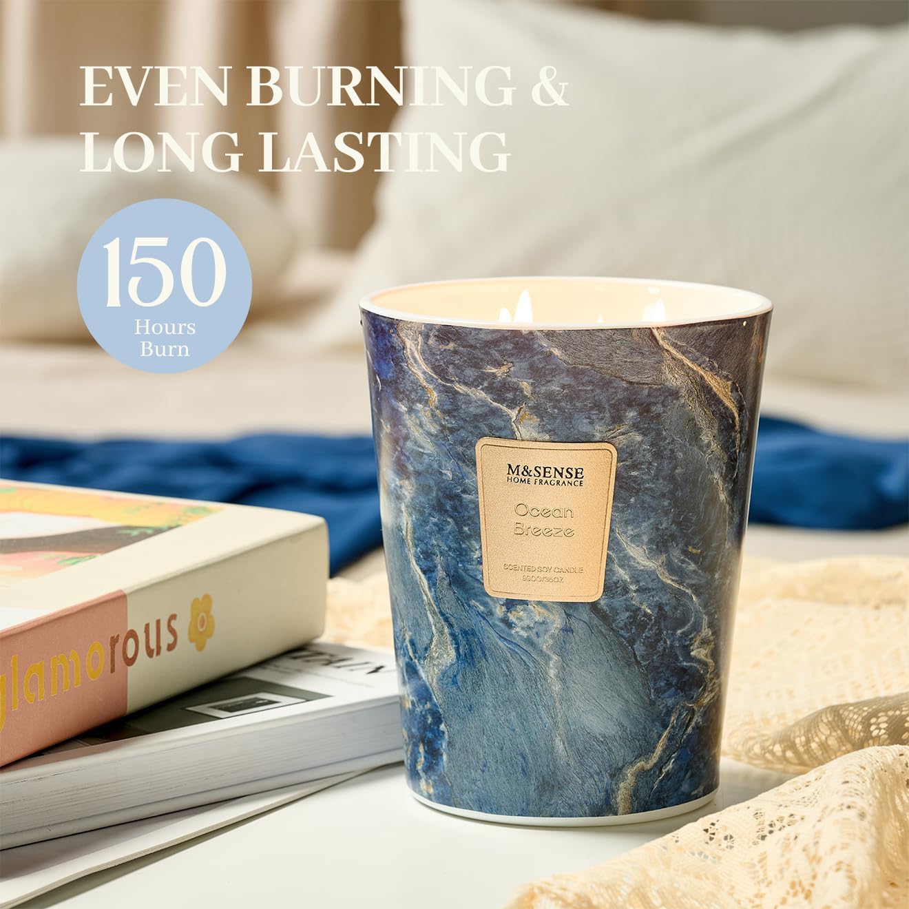 M&SENSE Ocean Breeze Scented Candles for Home, 3-Wick Highly Scented Jar Candles, 35 Oz 150 Hours Long Lasting Burning Candles Gifts for Women, Relaxing Aromatherapy Candle for Stress Relief - Image 5