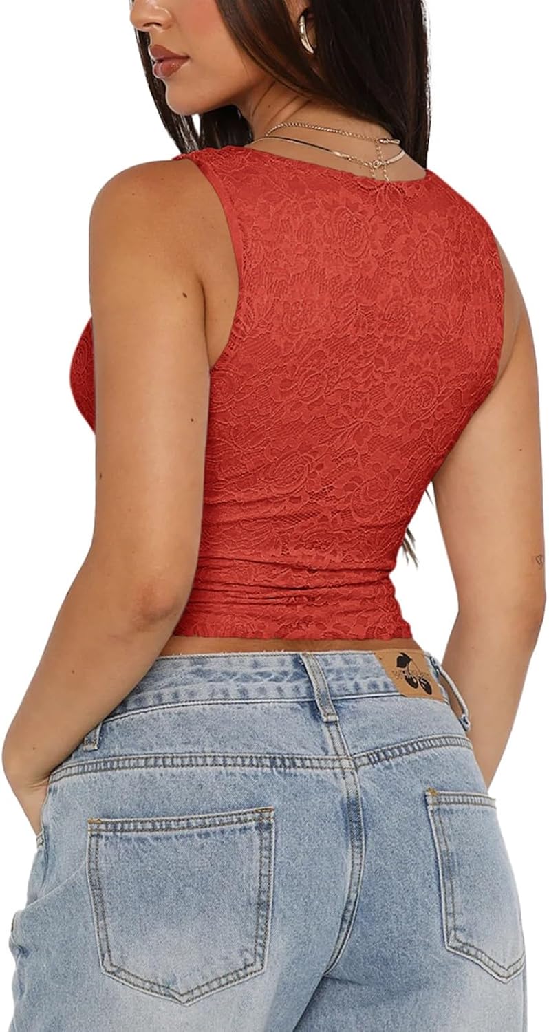 REORIA Womens Sexy V-Neck Sleeveless Double Lined Going Out Y2K Trendy Lace Cropped Tank Tops - Image 2