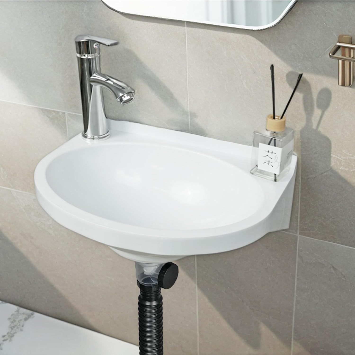 Small Bathroom Sink Wall Mount Bathroom Sink Wash basin, No-Drill Installation Self-Adhesive Sink 15.7 x 11 Inch with 1.26/0.86 Inch Faucet Hole, Mini Rv sink Plastic Sink for Home, Dorm, Garage