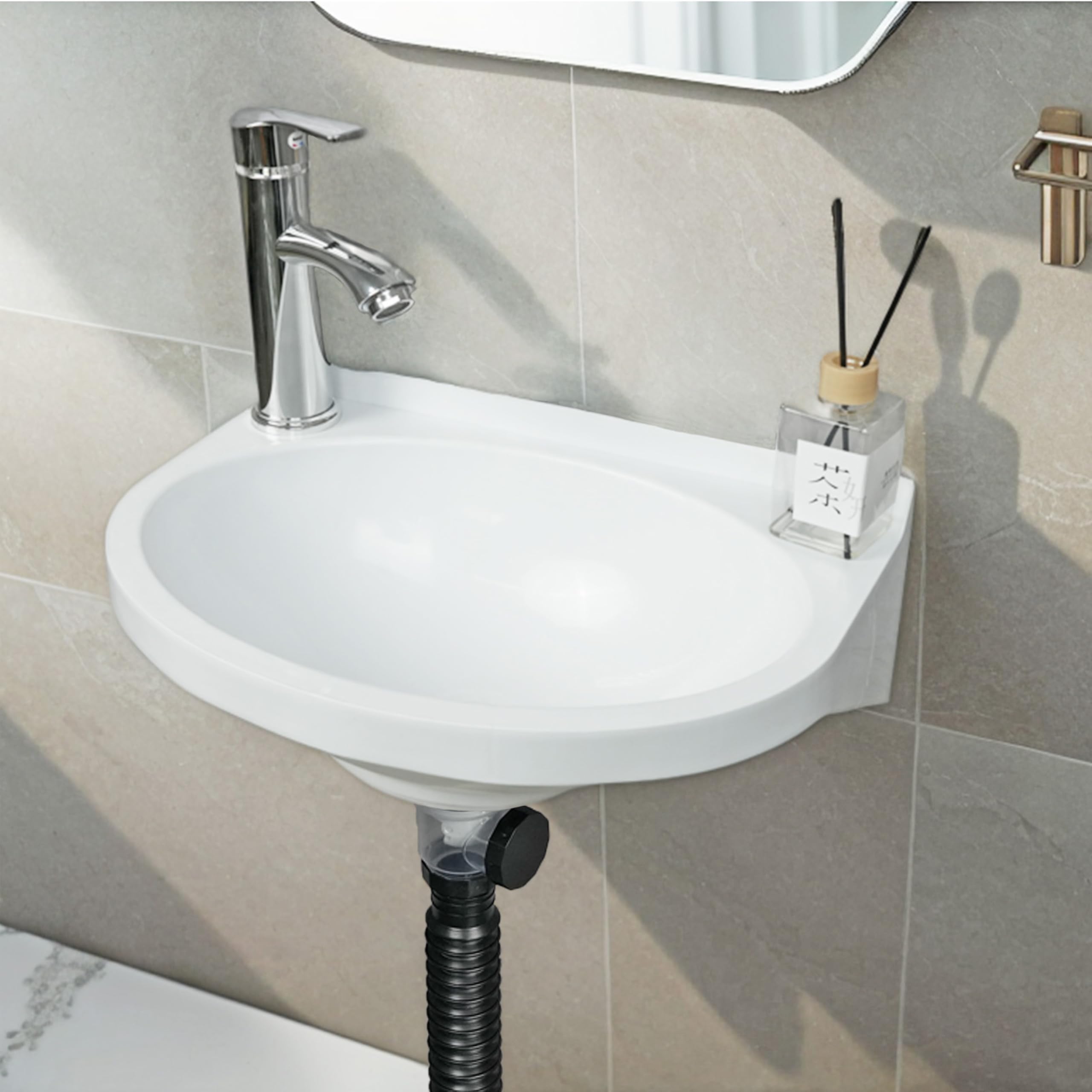 Lavello da bagno piccolo da parete, installazione senza trapano, autoadesivo, 30 x 28 cm, con foro per rubinetto da 3,2 cm, mini lavello in plastica per casa, dormitorio, garage