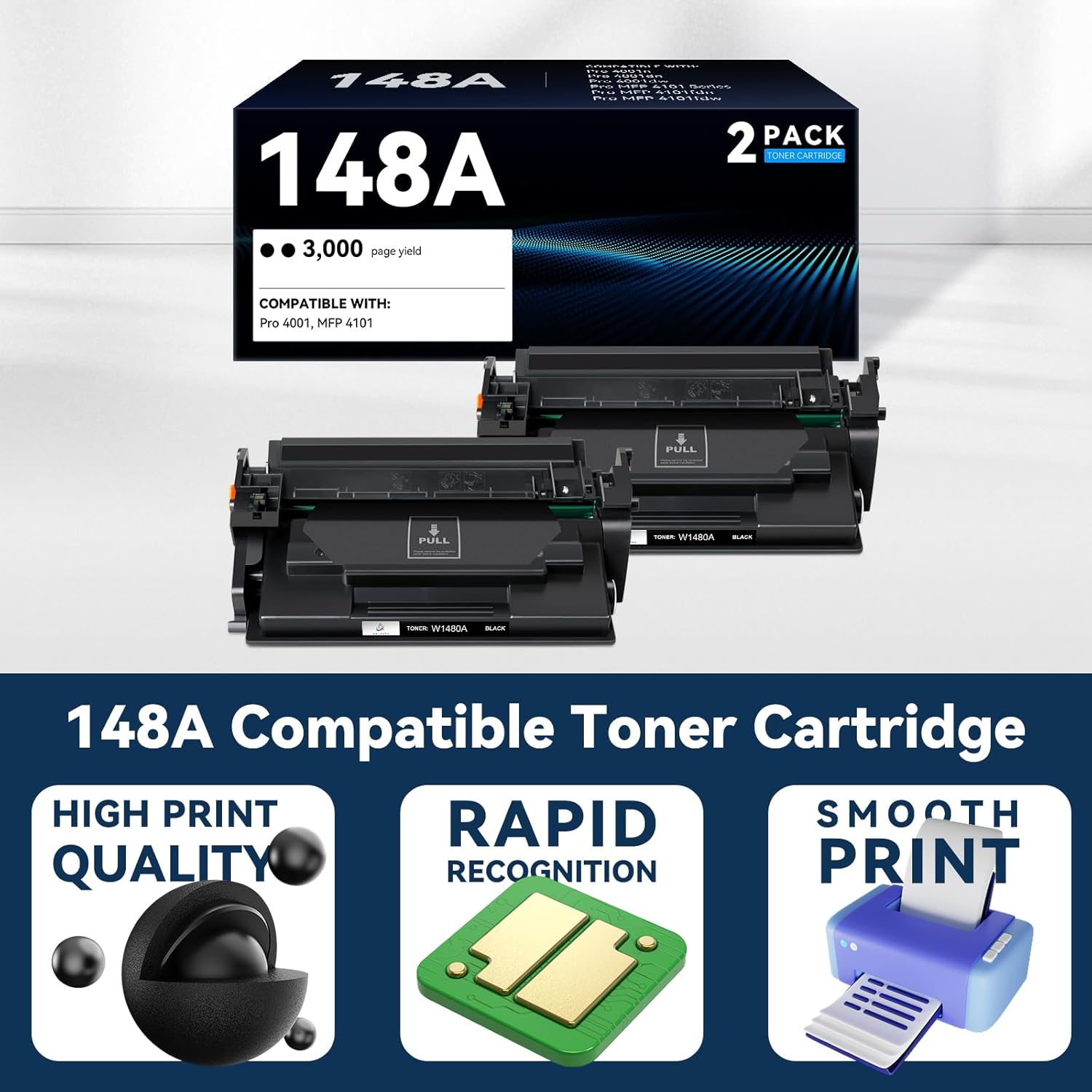 148A W1480A Black Toner Cartridge Compatible (with Chip) Replacement for hp 148A 148X Toner Works with HP Pro 4001n 4001dn 4001dw MFP 4101 4101fdw 4101fdn Printer Ink (2-Pack)