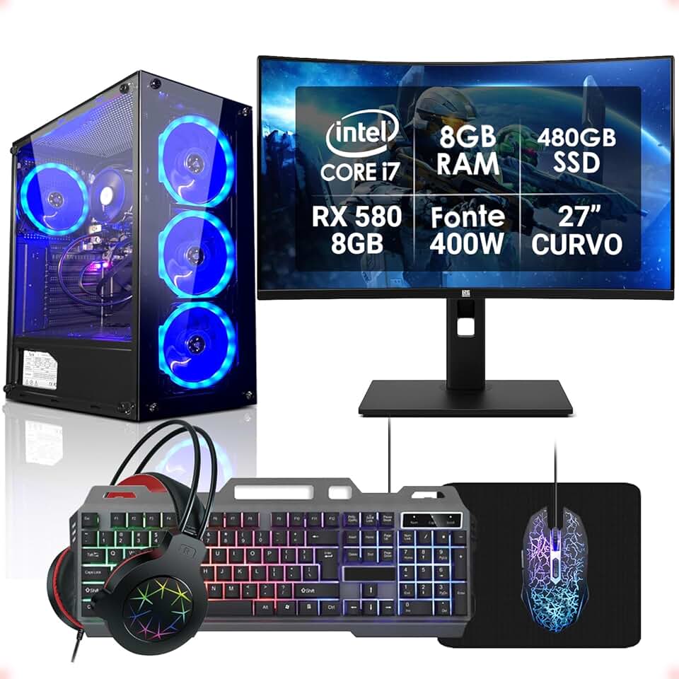 PC Gamer Completo Intel Core i7 8GB SSD 480GB Radeon RX 580 8GB Monitor 27" Curvo 165Hz Fonte 400W Kit Gamer L2F Informática