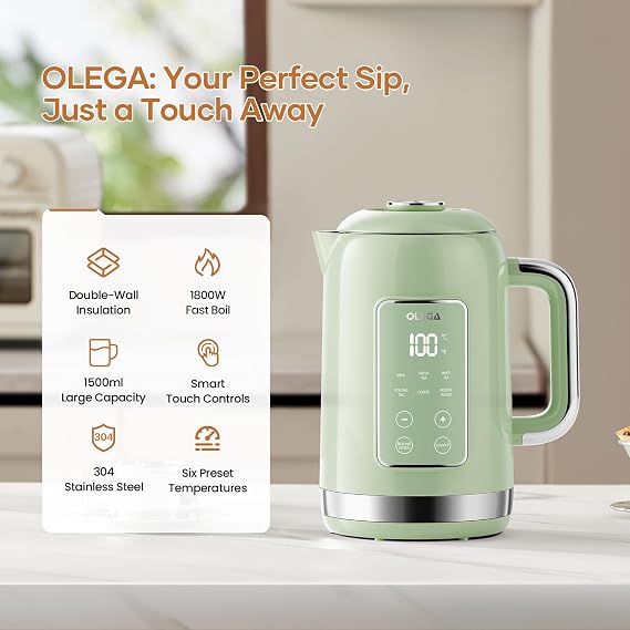 OLEGA Electric Kettle Temperatire Control: 1800W Electric Tea Kettles 1.5L Stainless Steel Tea Kettle Smart Kettle Hot Water Boiler Teapot, Digital Display, 6 Temperature Presets (Green)